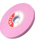 Heavy Duty Seven Inch Bench Grinding Wheel 100 Grit Chrome Corundum Pro Grade Metal Shaping Accessory with pink abrasive surface.