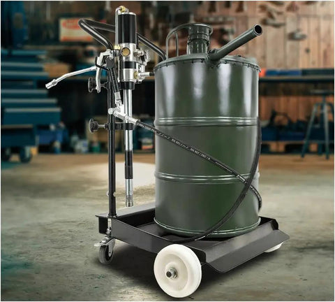 50 to 1 Ratio Air Operated Grease Pump Kit for 5 Gallon Bucket With Trolley Mounted Setup, featuring hose and grease valve