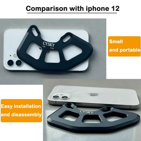 Beefy Lightweight Aluminum Alloy MTB Bash Guard comparison with iPhone 12, showcasing size and portability, CNC Machined 7075-T6.