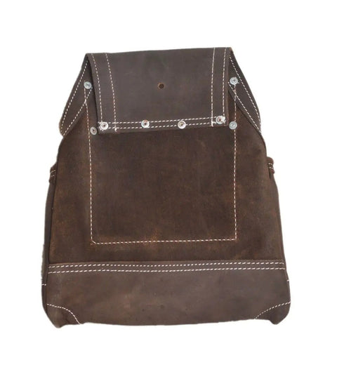 Oil Tan Leather Tool Pouch With Ten Pockets For Nails Fasteners And Tools Includes Four Main Pockets Six Small Pockets And Two Fixed Hammer Holders Heavy Duty Top Grain Leather For Carpenters And DIY Pros front view