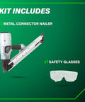 Strap-Tite Strip Nailer For Metal Connectors with safety glasses, Pro-Preferred Pneumatic Nailer, NR65AK2, 36 Degree System