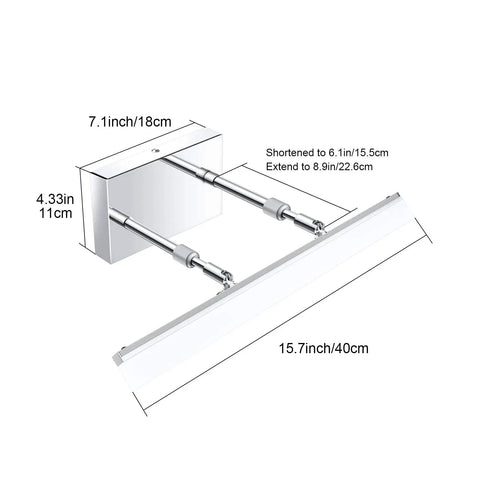 Diagram of LED Vanity Lights 15.7 Inch Adjustable Bathroom Wall Light Over Mirror Chrome Modern Vanity Lighting with dimensions