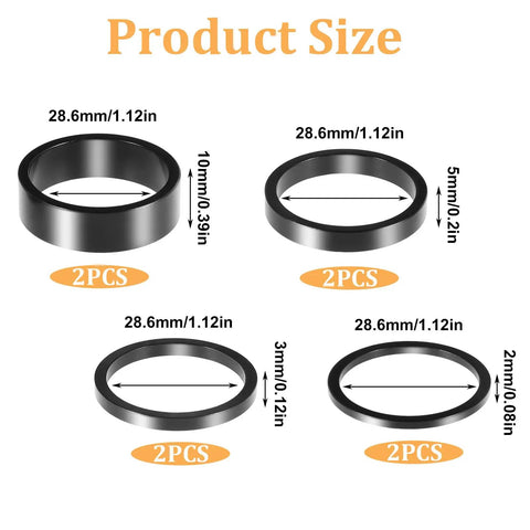 Diagram of Eight Piece Aluminum Bicycle Headset And Stem Spacers Set For One And One Eighth Inch Stems with size details