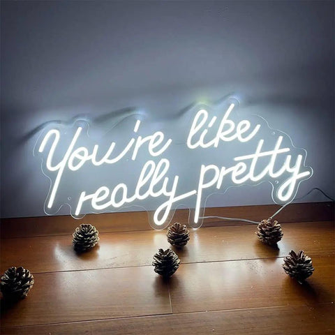 You Are So Pretty Neon Sign Led Light Up Wall Decor Made From Transparent Acrylic For Indoor Use In Living Room Bedroom Office Party Wedding Christmas Gift 29.9 By 13.7 Inches Cool White glowing on wall.