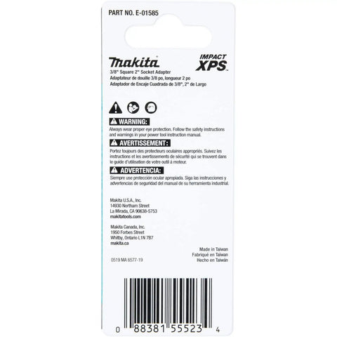 Back packaging of Impact XPS Three Eighths Inch Square Drive To Two Inch Socket Adapter with product details and barcode