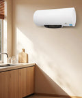 Rock Solid 15.9 Gallon Electric Water Heater With 1500 Watt Fast Heating Element visible mounted in a modern kitchen.