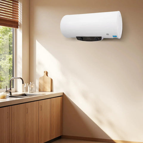 Rock Solid 15.9 Gallon Electric Water Heater With 1500 Watt Fast Heating Element visible mounted in a modern kitchen.