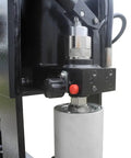 Close-up of the cylinder and pressure control on Heavy Hitting 75 Ton Air Hydraulic Shop Press With Precise Pressure Gauge.