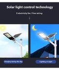 Zero Wire Headaches Solar Outdoor Flood Light With Smart Remote shown charging in day and lighting at night for yard use.