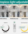 AMZSTAN 20" Caged Ceiling Fan with Light and Remote displaying stepless light adjustment settings in a living room.