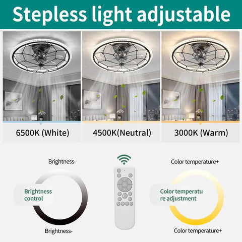 AMZSTAN 20" Caged Ceiling Fan with Light and Remote displaying stepless light adjustment settings in a living room.