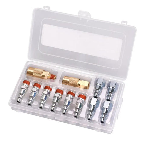 12 Piece One Quarter Inch Quick Connect Air Fittings Set With Brass Couplers And Hardened Steel Plugs Push Lock System 300 PSI Max