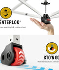 Close-up of the One Push Centerlok mechanism and wheel of the 10x10 Pop Up Canopy Tent With One Side Wall Easy One Push Centerlok Setup.