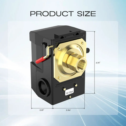 Air Compressor Pressure Switch 90-125 PSI 26A With 1/4 NPT Thread Single Port For Air Regulator, dimensions displayed
