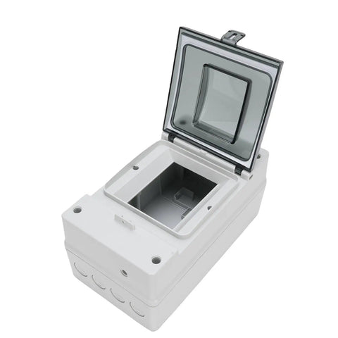 Industrial Grade IP66 Weatherproof DC Circuit Breaker Box Built Like A Tank Plastic Enclosure For Solar Battery MCCB Outdoor Electrical Junction Box with lid open.