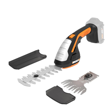 2 In 1 Cordless Hedge Trimmer And Grass Shear Kit With 4 Inch Grass Blade And 8 Inch Shrub Blade Battery And Charger Not Included Lightweight Easy To Maneuver PowerShare Compatible Two Tools In One showing blades and parts