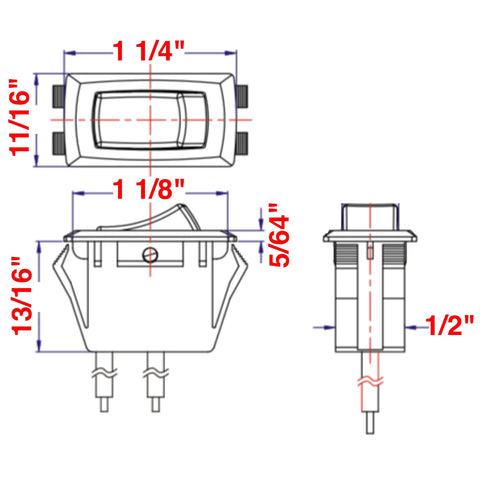 Technical drawing of Mini Snap In Rocker Switch 15A 125V On Off Replacement For Cabinet Lighting And Household Fixtures, dimensions labeled.