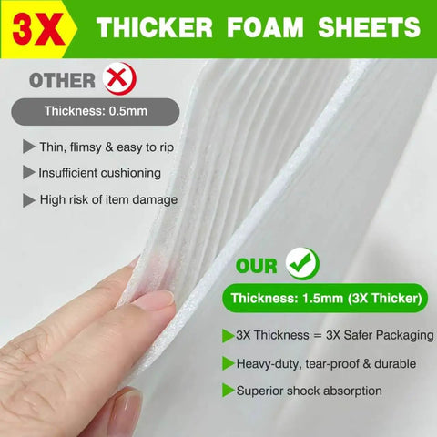 Ultra Thick Foam Sheets 110 Pack 12 By 12 Inch Flat Cushions hand comparing 0.5mm and 1.5mm thicknesses on image