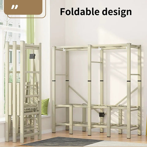 Straight Up Portable Closet Wardrobe System Backed By A Heavy Duty Foldable Garment Rack with a foldable design showcasing steel frame.