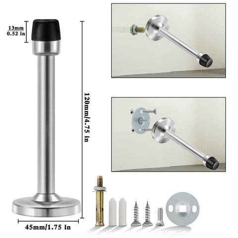 Long 5 Inch Door Stopper Set In Brushed Stainless, Wall Mounted Baseboard Door Holders With Rubber Tip, Kidproof And Babyproof Solid Doorstops For Top Or Bottom Of Doors, Silver Finish, 2 Pack shown with installation hardware and measurements.