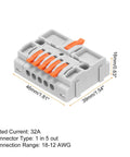 4 Pack Din Rail Quick Terminal Blocks Plug And Play Wire Splitter Connector One In Five Out 32 Amp Heavy Duty Electrical Harness Kit, gray with orange levers, 46x39x16mm.