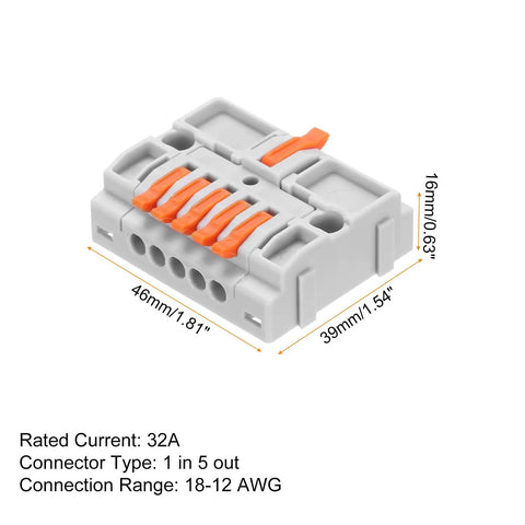 4 Pack Din Rail Quick Terminal Blocks Plug And Play Wire Splitter Connector One In Five Out 32 Amp Heavy Duty Electrical Harness Kit, gray with orange levers, 46x39x16mm.
