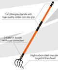 Heavy Duty Garden Cultivator With 4 Tines And Fiberglass Handle, 58 Inch Steel Forged Head, shown with durable, rust resistant design