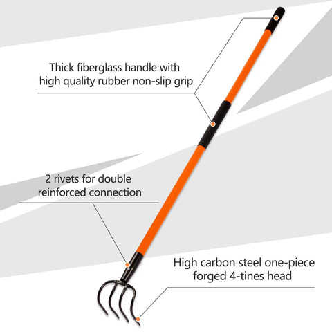 Heavy Duty Garden Cultivator With 4 Tines And Fiberglass Handle, 58 Inch Steel Forged Head, shown with durable, rust resistant design