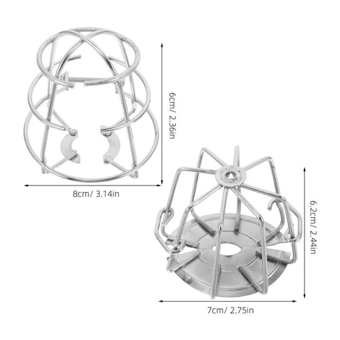 Set Of Four Stainless Steel Fire Sprinkler Cage Guards For Half Inch Heads Heavy Duty Anti Collision Shields Rock Solid Construction No Mess Setup Keeps Your Building Code Essentials Running Tight. Two steel sprinkler guards shown from different angles, sizes 8cm and 6.2cm.