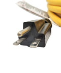 Heavy Duty 100 Foot NEMA 6-15 Extension Cord With 6-15P To 6-15R And 6-20R T Blade Female, black plug and yellow cord detail