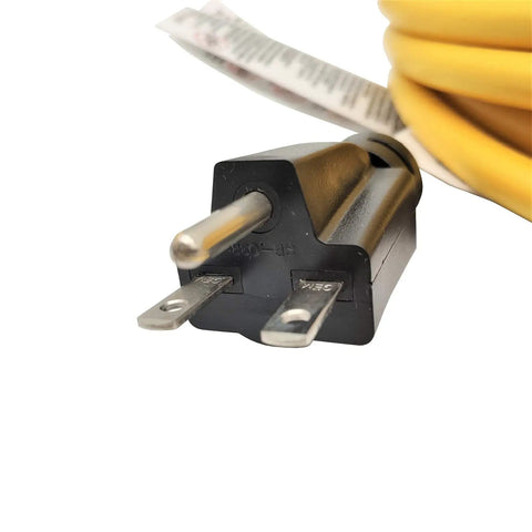 Heavy Duty 100 Foot NEMA 6-15 Extension Cord With 6-15P To 6-15R And 6-20R T Blade Female, black plug and yellow cord detail