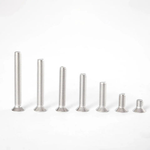 Heavy Duty M4 X 10mm Phillips Flat Countersunk Machine Screws In Top Shelf 304 Stainless Steel Rust Resistant full thread fasteners, 7 sizes displayed.