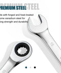 Close-up of 15mm Ratcheting Combination Wrench, Chrome Vanadium Steel Gear Wrench with open-end and 72 Tooth Precision Ratchet