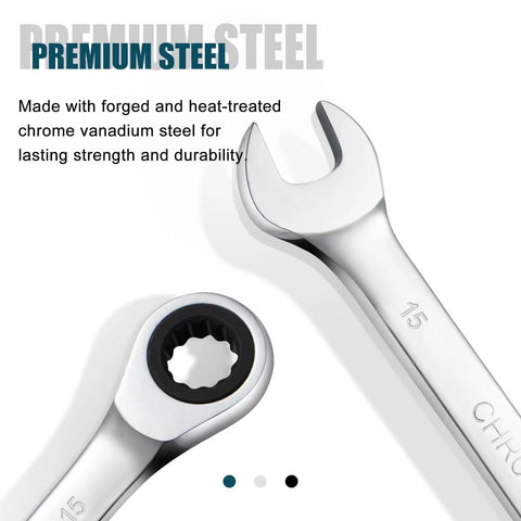 Close-up of 15mm Ratcheting Combination Wrench, Chrome Vanadium Steel Gear Wrench with open-end and 72 Tooth Precision Ratchet
