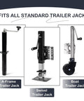 Display of A-frame, swivel, and boat trailer jacks, compatible with 6 Inch Trailer Jack Wheel Replacement With Wheel Chock.