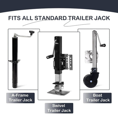 Display of A-frame, swivel, and boat trailer jacks, compatible with 6 Inch Trailer Jack Wheel Replacement With Wheel Chock.
