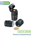 Two In One Pill Crusher And Cutter With Built In Storage Travel Ready Stainless Steel Blade Removable Drinking Cup BPA Free Black Safe And Easy Daily Use For Vitamins Tablets And Medications Grab And Go, showing open compartments.