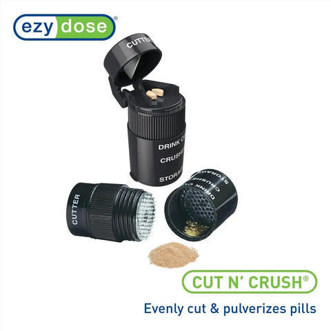 Two In One Pill Crusher And Cutter With Built In Storage Travel Ready Stainless Steel Blade Removable Drinking Cup BPA Free Black Safe And Easy Daily Use For Vitamins Tablets And Medications Grab And Go, showing open compartments.