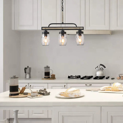 Rustic Mason Jar Chandelier For Farmhouse Kitchen Island Lighting With Metal Finish And Glass Pendant Three Clear Mason Jars Hanging