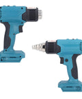 Three Gear Cordless Heat Gun With Rechargeable Battery for portable plastic welding, shown from side angles with nozzles.