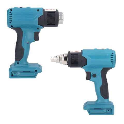 Three Gear Cordless Heat Gun With Rechargeable Battery for portable plastic welding, shown from side angles with nozzles.