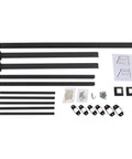 Rock-Solid 4-Step Steel Stair Railing kit parts including black steel components, hardware, and manual for assembly.