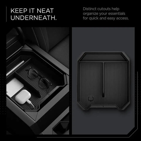 Center Console Organizer Tray For Tesla Cybertruck Accessories With Intelligrip Padding, Carbon Fiber Accent, And Cable Management inside car.
