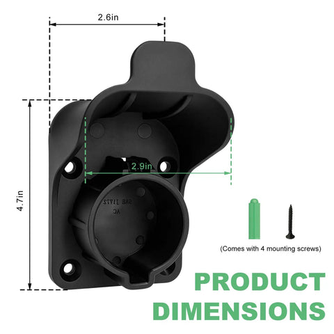 Tough As Nails Ev Charger Holder For SAE J1772 Plugs showing dimensions 2.6in x 2.9in x 4.7in with mounting screws.