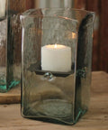 Square Glass Candle Hurricane 6X6X11 Clear Finish for Mantel with lit candle, modern farmhouse decor accent