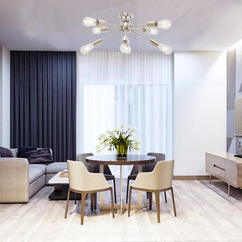 Ultra Sleek 8 Light Sputnik Chandelier In Brushed Nickel Semi Flush Mount Ceiling Light above dining table