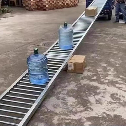 Light Duty Roller Conveyor With Anti Rust Galvanized Steel 14 Inch Wide For Warehouses And Factories Easy Unloading And Durable Silver Finish Handles Up To 220 Lbs Per Linear Foot, moving boxes on rollers