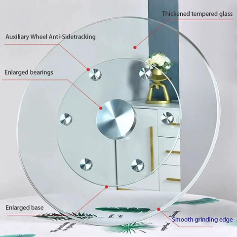 Top view of Glass Lazy Susan Turntable For Kitchen And Dining Table Featuring A Smooth Operator Spin with detailed parts.