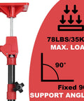 Side-view red cabinet jack with adjustable metal rod and clamp for upper cabinet install; 78 lb capacity, 2-pack.