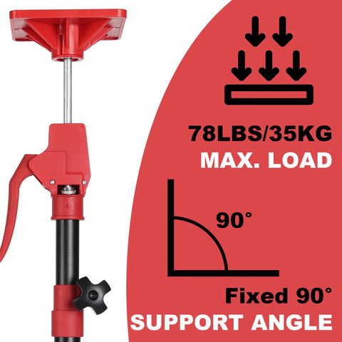 Side-view red cabinet jack with adjustable metal rod and clamp for upper cabinet install; 78 lb capacity, 2-pack.